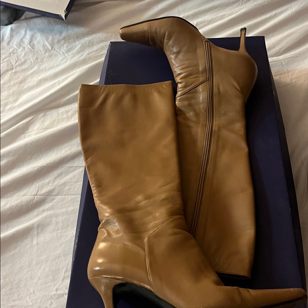 Stuart Weitzman Gold Lettering on Purple Background